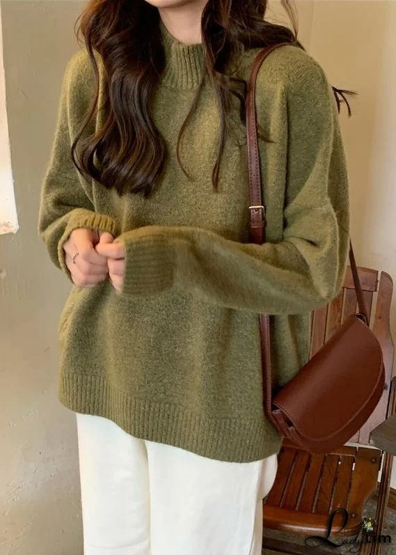 Comfy Fall Green Sweater Tops Plus Size High Neck Knit Blouse