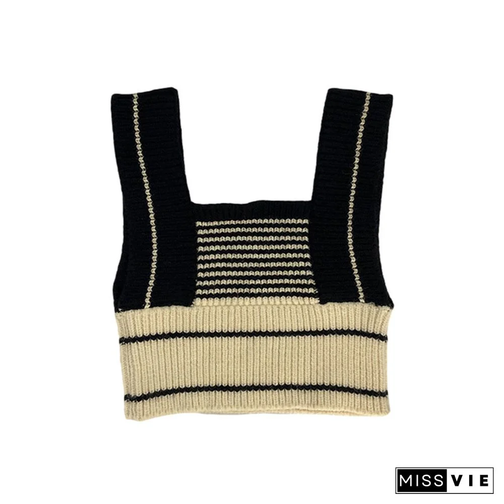 Women Autumn Fashion Knitted Vest Loose Patchwork Sweater Vintage Square Neck Sleeveless Female Waistcoat Chic Tops