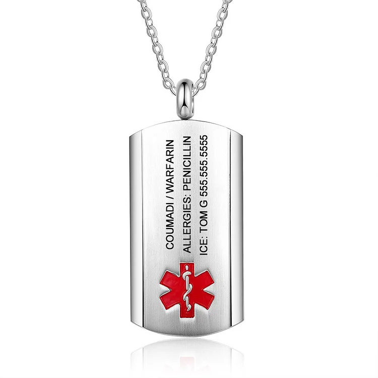 Medical Alert Necklace for Men Emergency ID Necklace Engraved Dog Tag Pendant