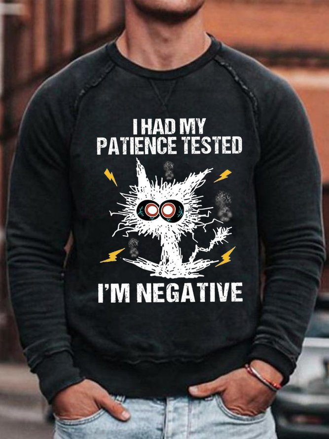 Mens I Am Negative Funny Grumpy Black Cat Graphic Print Text Letters Crew Neck Sweatshirt