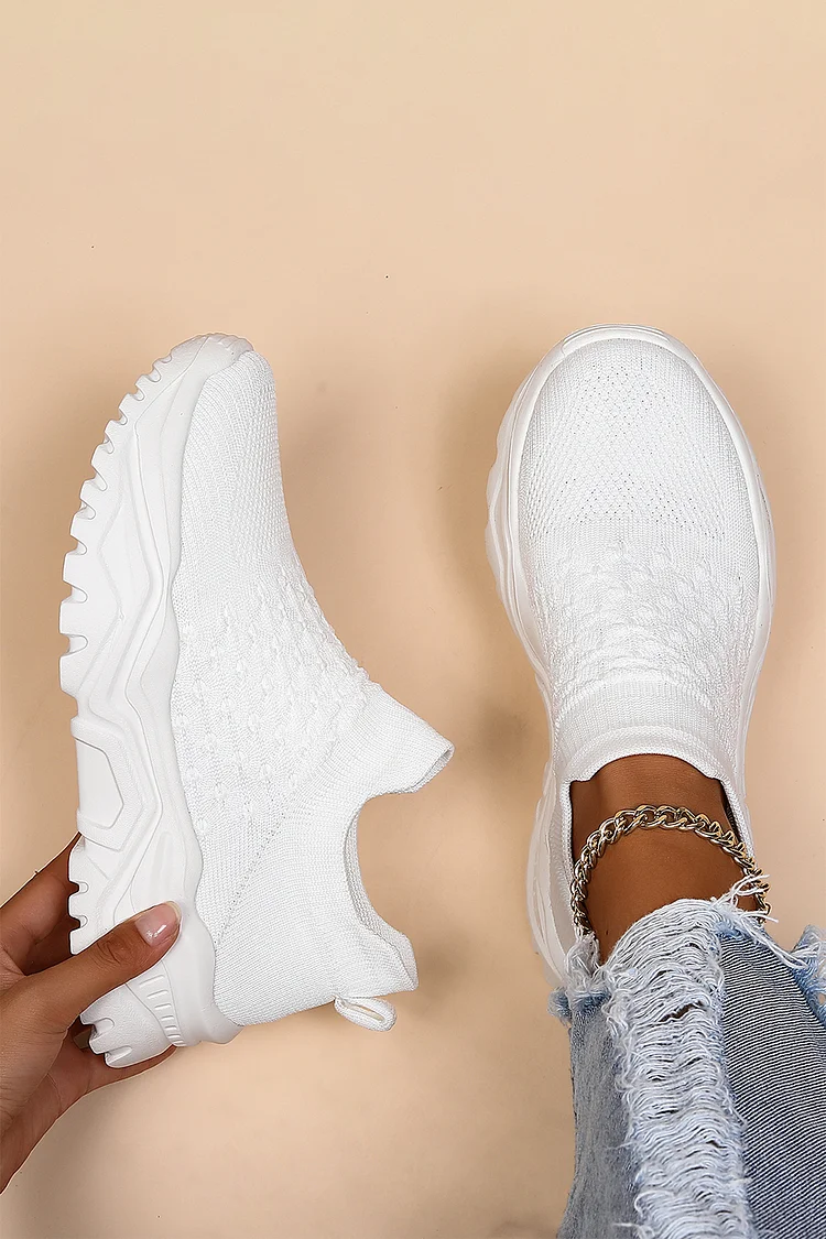 Solid Color Round Toe Casual Knitted Breathable Slip On Sneakers