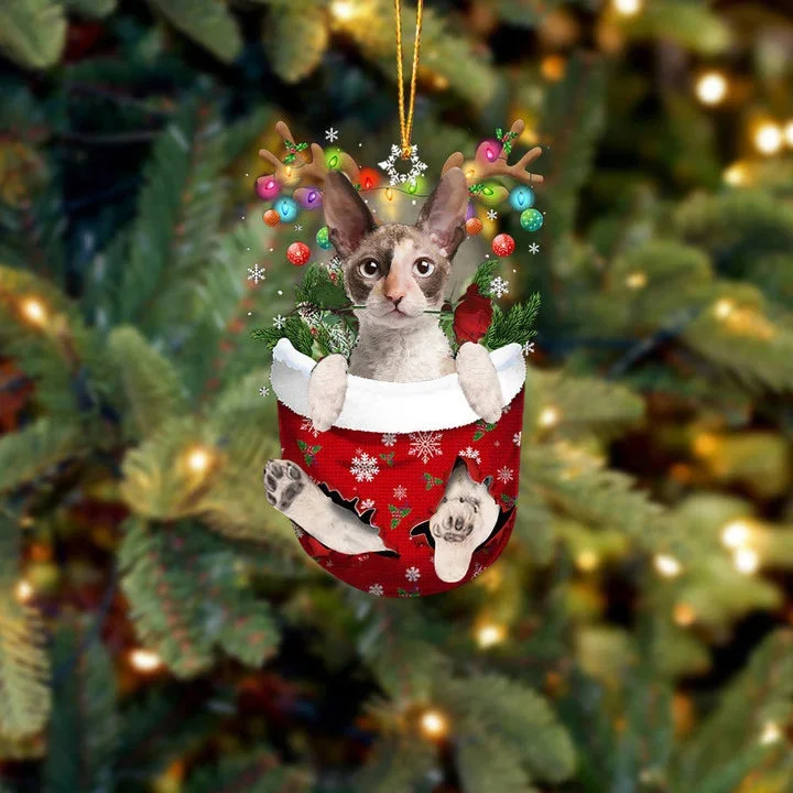 Cornish Rex Cat In Snow Pocket Christmas Ornament.