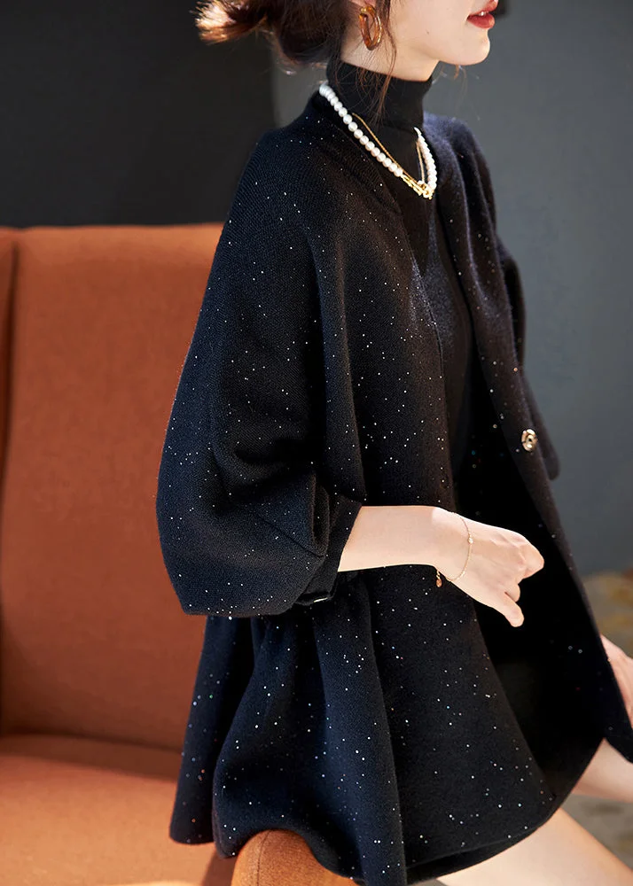 Plus Size Black Cinched Sequins Knit Loose Coat Winter
