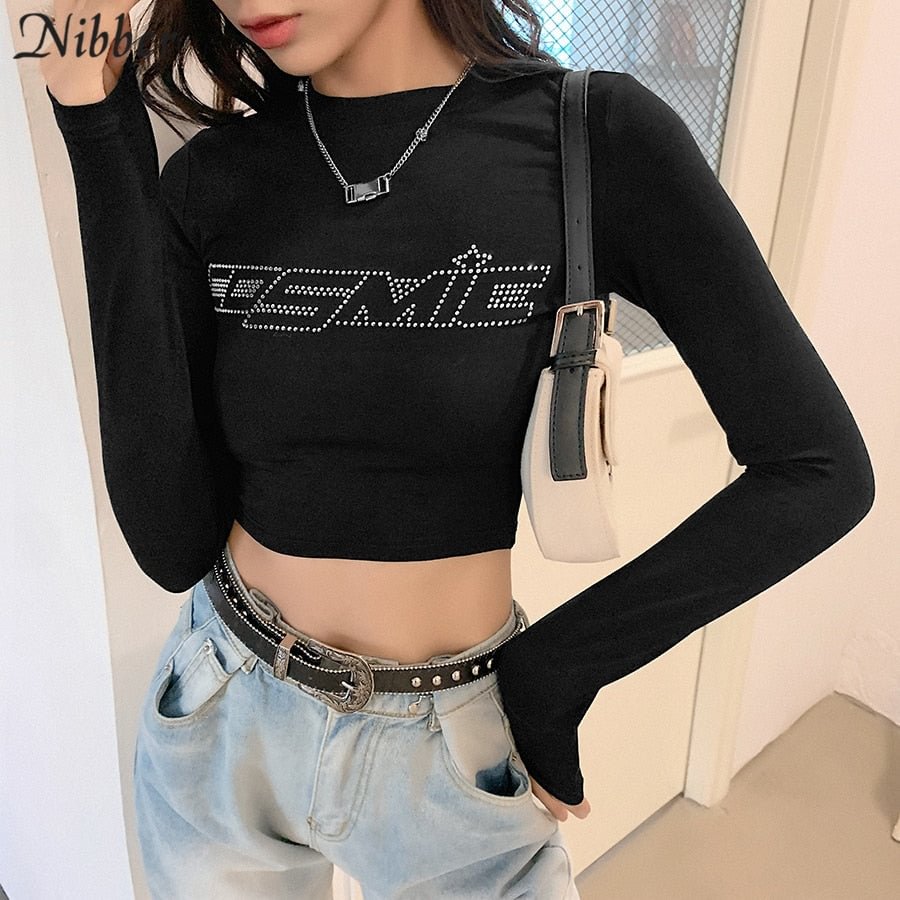 Nibber Autumn Cotton Rhinestone Letter Graphic Tshirt Woman Street Bodycon Activity Crop Tops Female Soft Long-Sleeve Tees Basic