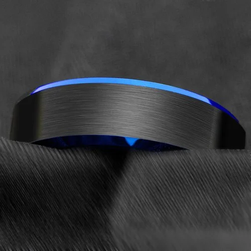 6MM 8MM Women's Or Men's Tungsten Carbide Wedding Blue Edge Ring with Black Matte Finish Top