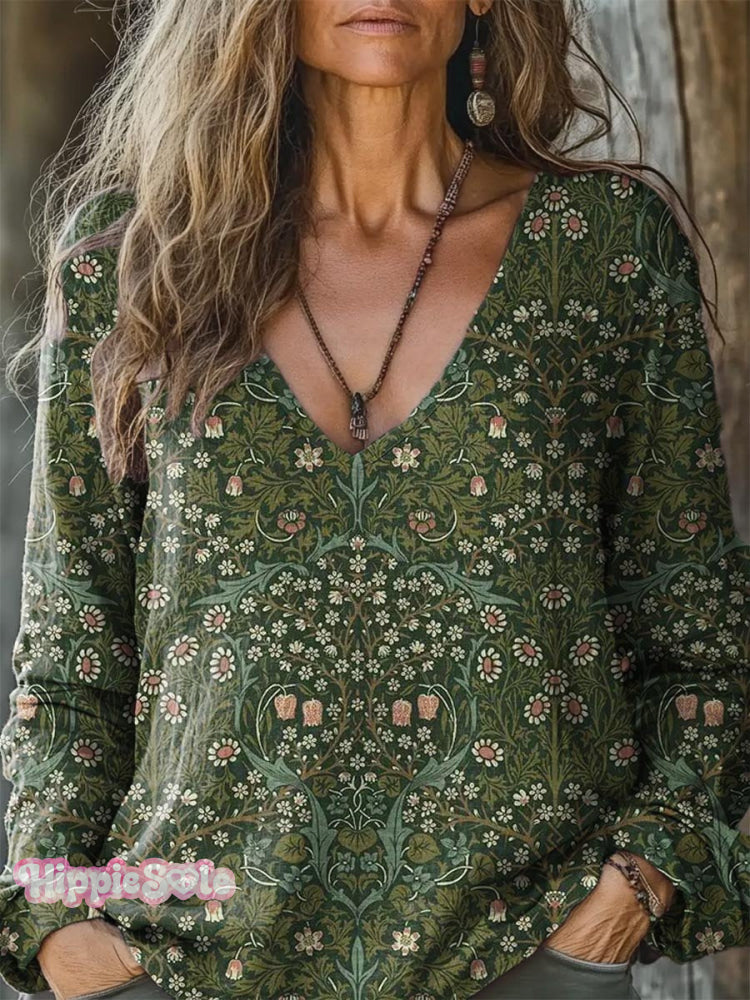 Women’s Vintage Lovely Floral Art Print Casual Long Sleeve Comfortable Cotton Shirt Multicolor / S