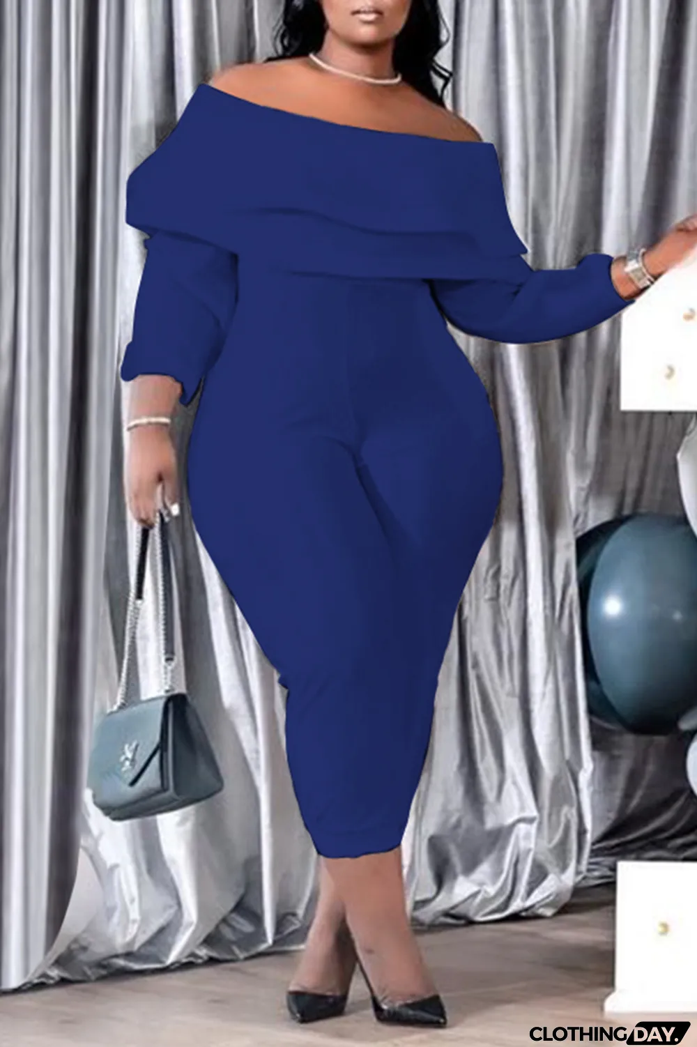 Purple Casual Solid Patchwork Off the Shoulder Plus Size Jumpsuits