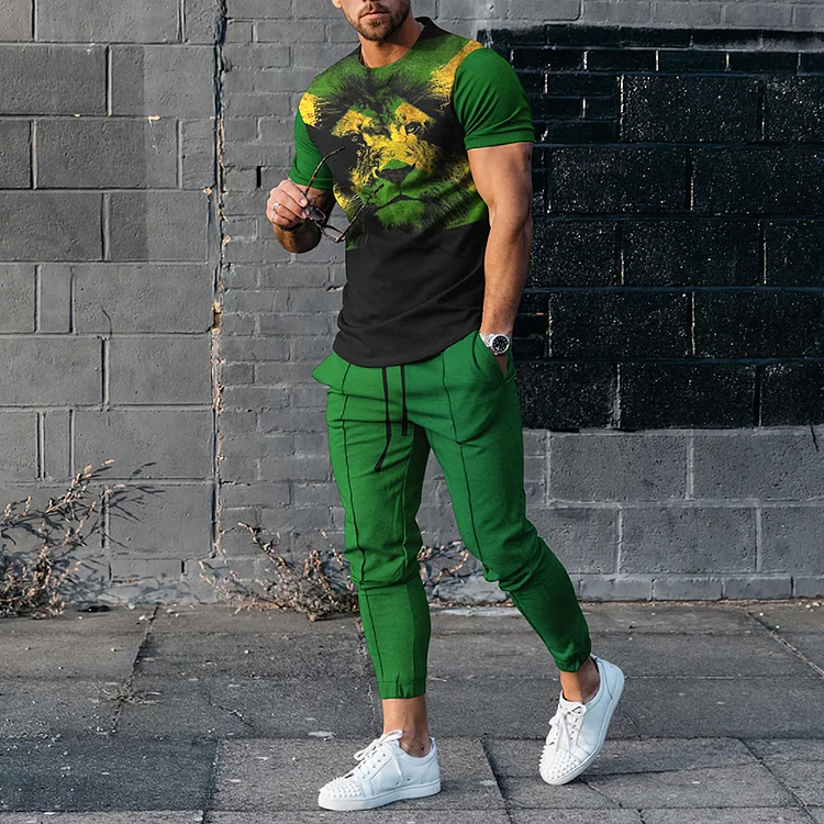 BrosWear Men's Reggae Music Lion Pattern Short Sleeved T-Shirt Two Piece Set
