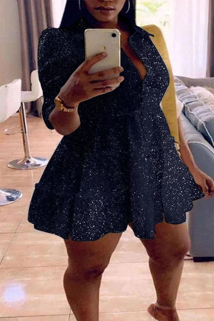 Plus Size Daily Dress Black Glitter Long Sleeve Ruffle Hem A-Line Mini Dress 