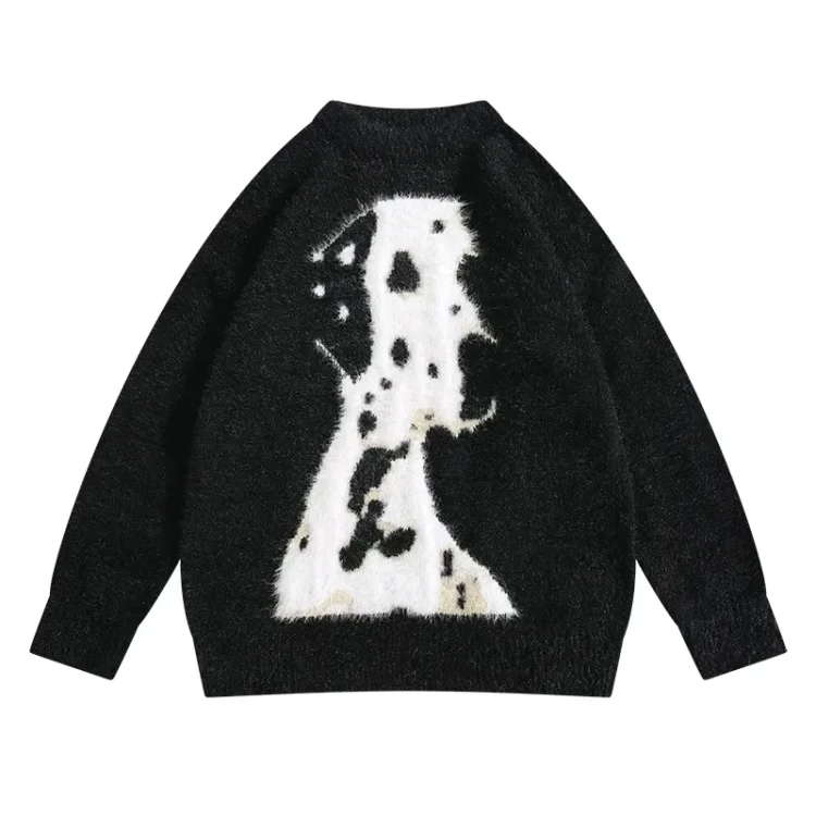 Traceeye Men's Cute Dog Jacquard Imitation Mink Velvet Sweaters Autumn Winter Trendy Brand Long-sleeved Warm Casual Pullovers Knitwear