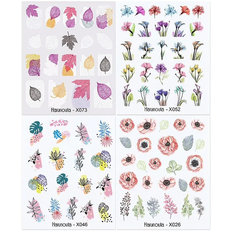 Harunouta 4pcs Geometry Color Wave Line Water Decals Stickers Flower Leaves Slider For Nails Spring Summer Nail Art Decorations-Nail Inspo