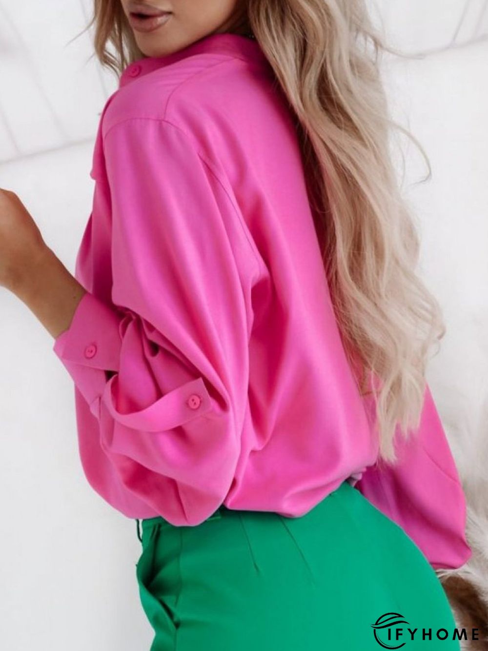 Plain Long Sleeve Buckle Stand Collar Casual Blouse | IFYHOME