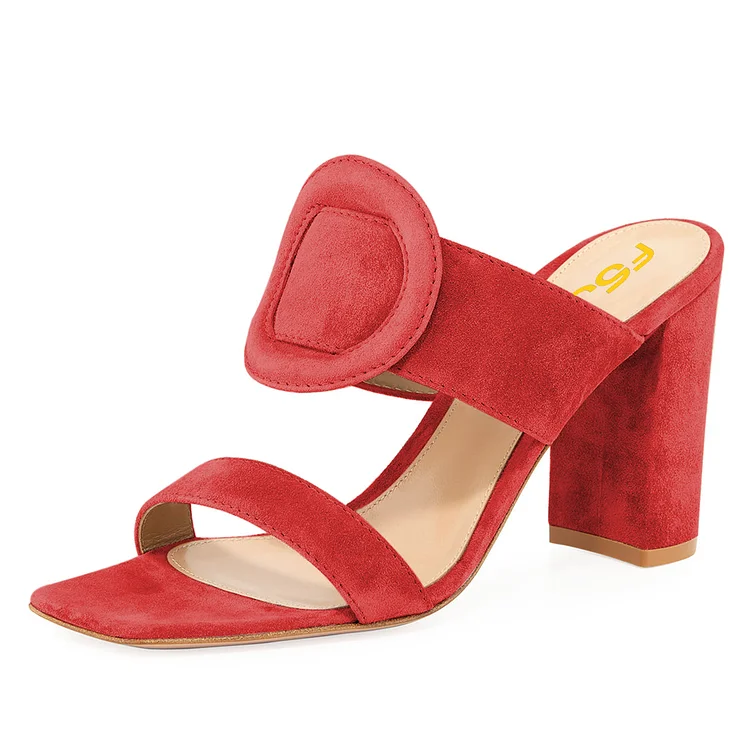 Red Vegan Suede Square Toe Chunky Heel Mules Sandals |FSJ Shoes