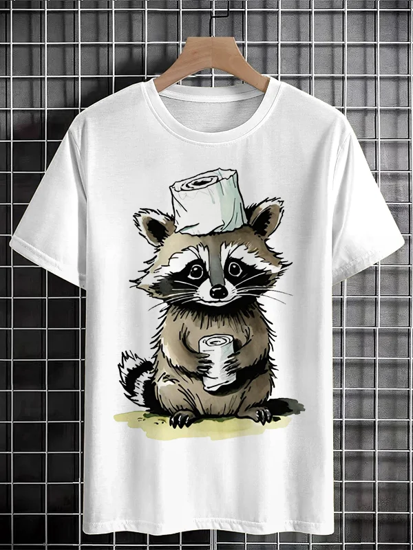 Men's Raccoon Holding Paper Roll Fun Print Cotton Casual T-Shirt