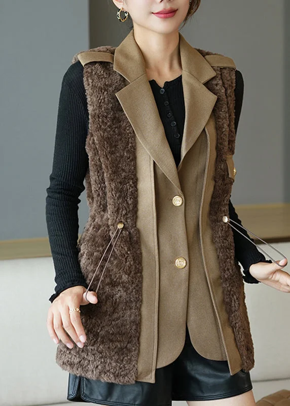 Fine Coffee Notched Patchwork Button Faux Fur Waistcoat Fall