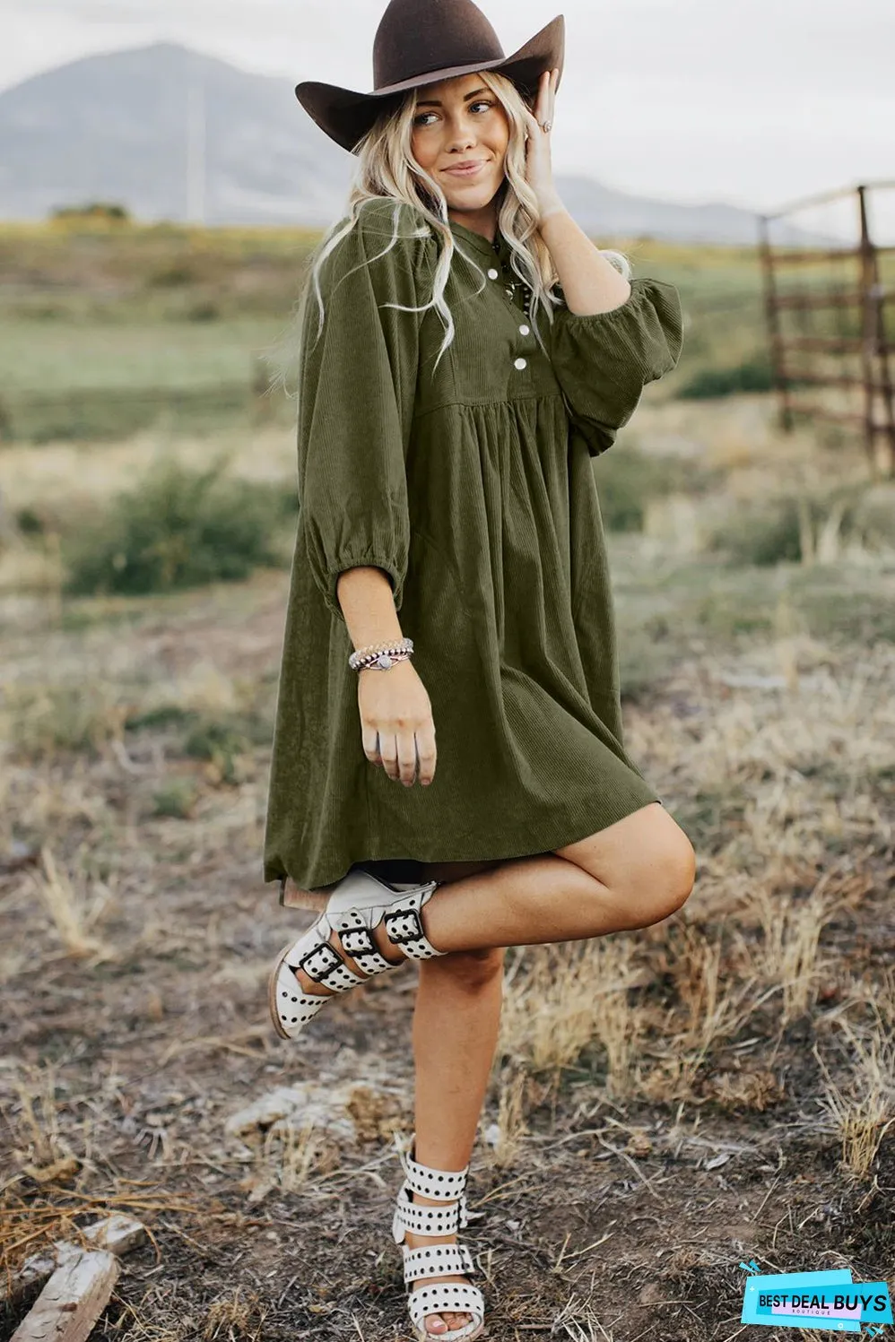 Vineyard Green Corduroy Snap Buttons Empire Waist Bracelet Sleeve Dress