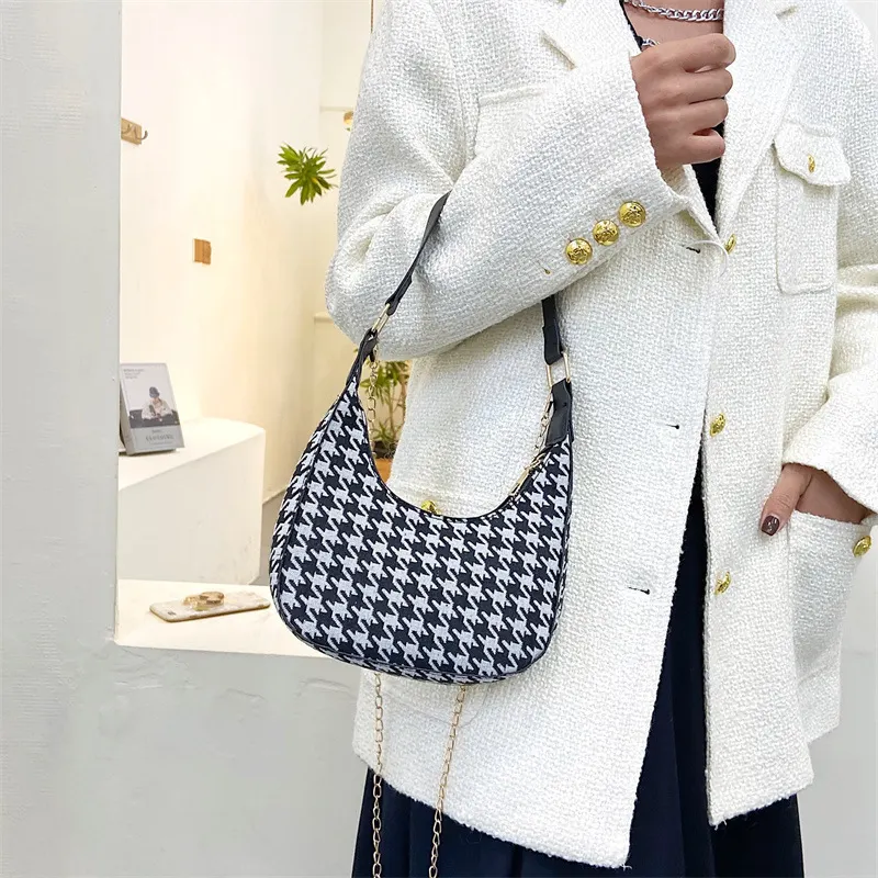 Plaid Canvas Women's Bag New PU Leather Crescent Shoulder Bag Fashionable Simple Zipper Pure Color Handbags for Women 2022