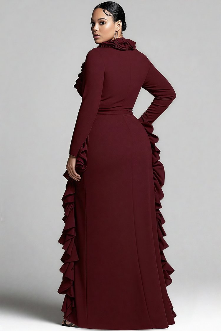 Xpluswear Design Plus Size Formal Burgundy V Neck Long Sleeve Ruffle Elegant Split Maxi Dresses [Pre-Order]