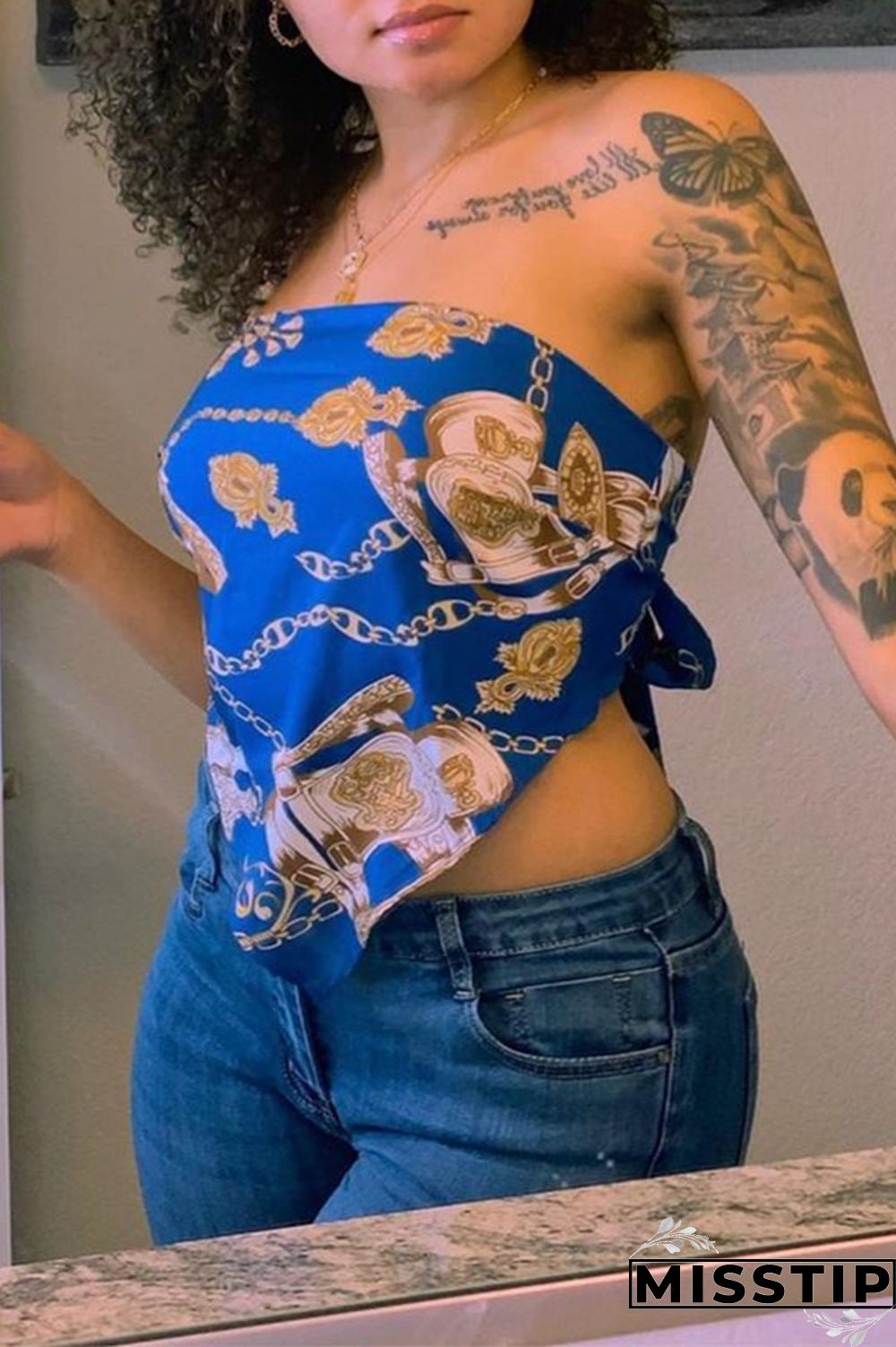 Blue Fashion Sexy Print Backless Strap Design Strapless T-Shirts