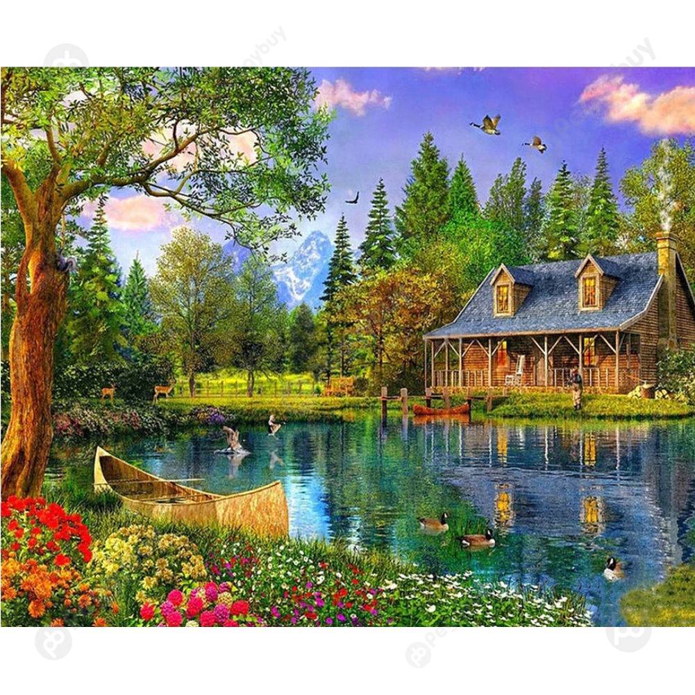 

40*50CM Paint By Numbers-Lakeside Cottage, 501 Original