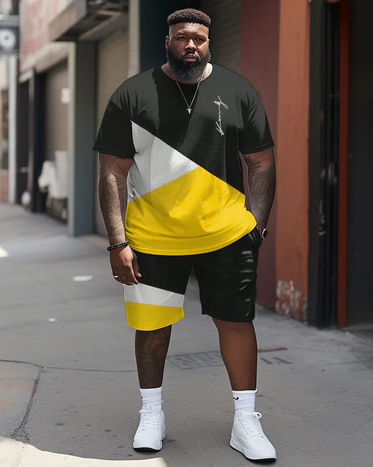 Men's Large Size Simple Patchwork Fashion Street T-shirt & Shorts Set