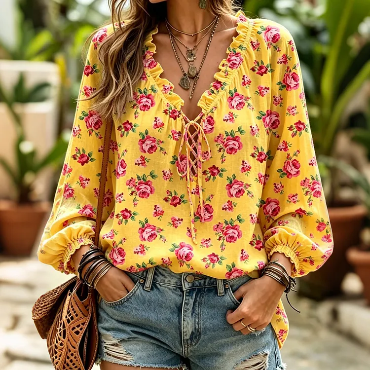 Women's Vintage Bohemian Floral Art Lace Up Linen Blend Blouse