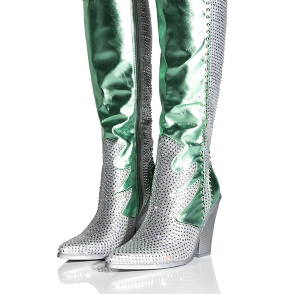 Silver Rhinestone Knee High Cowgirl Boots Pointed Toe Spool Heel Boots