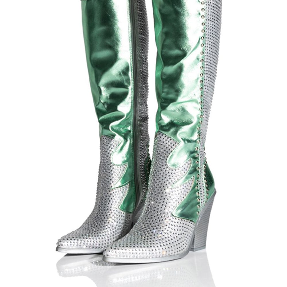 Silver Rhinestone Knee Boots Pointed Toe Spool Heel Boots
