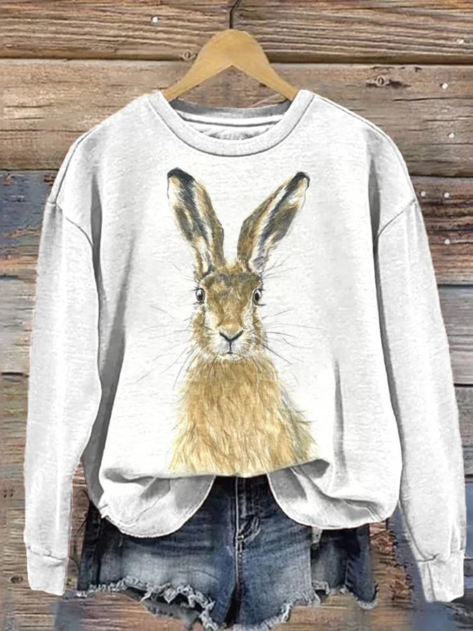 Women's Watercolor Bunny Art Print Long Sleeve Sweatshirt
