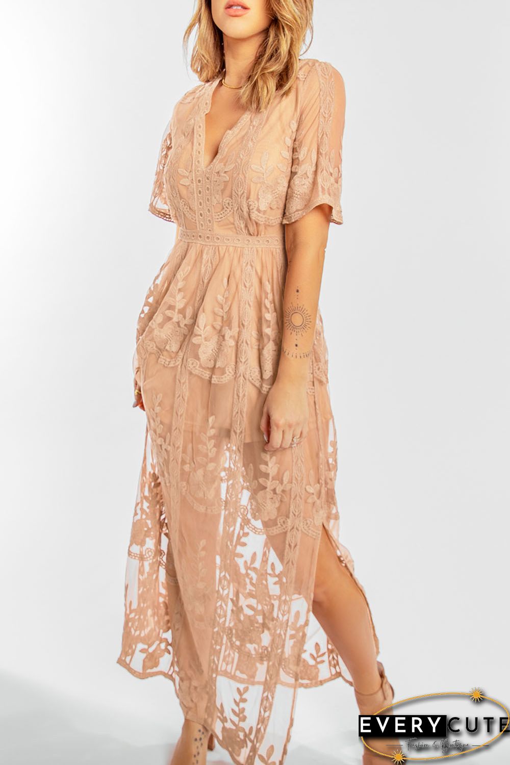 Nude Deep V Neck Short Sleeve Floral Lace Bridesmaid Maxi Dress
