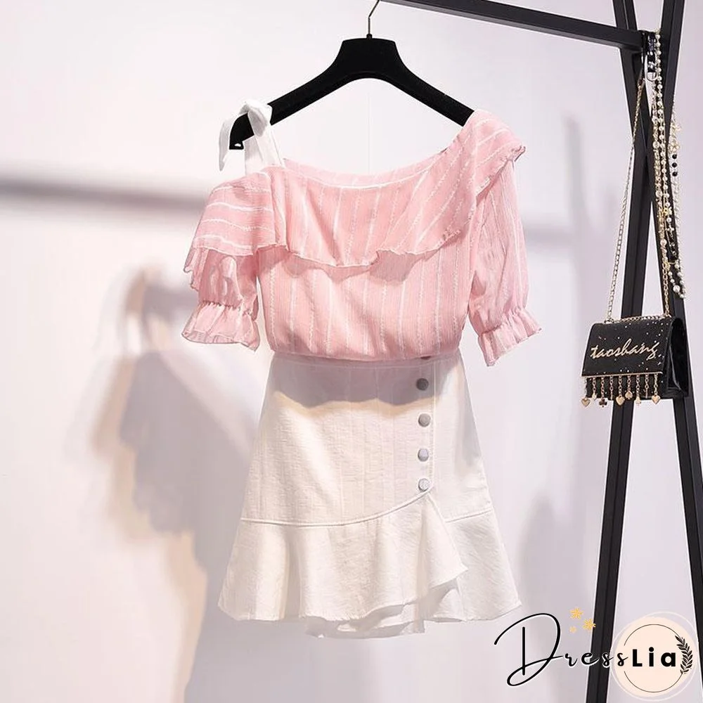 Sweet Stripe Tee+Button Skirt P15829