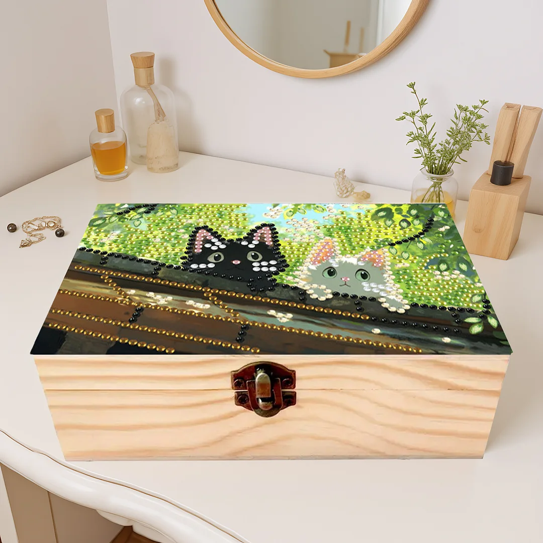 Black and White Cat DIY Wooden 5D Diamond Art Diamond Art Storage Box for Adults
