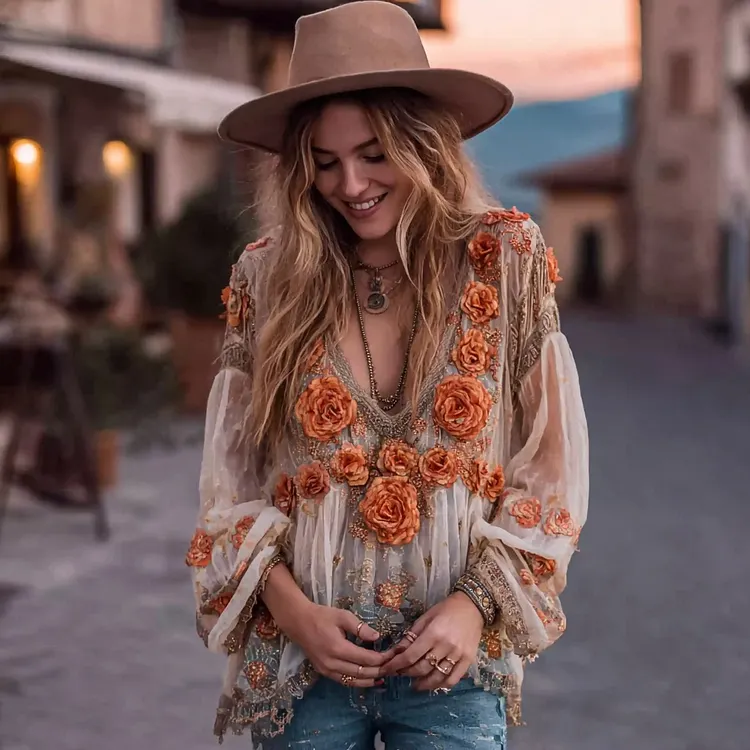 Women's Orange Rose Embroidery Casual V-neck Shirt