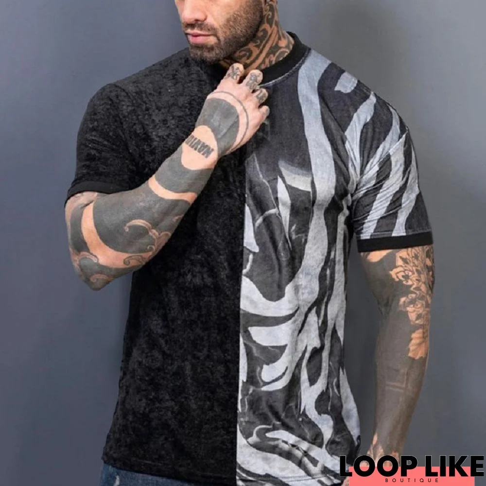 Men's Casual Men's Digital Printed Men's T-Shirt with Round Collar Short Sleeve Pullover