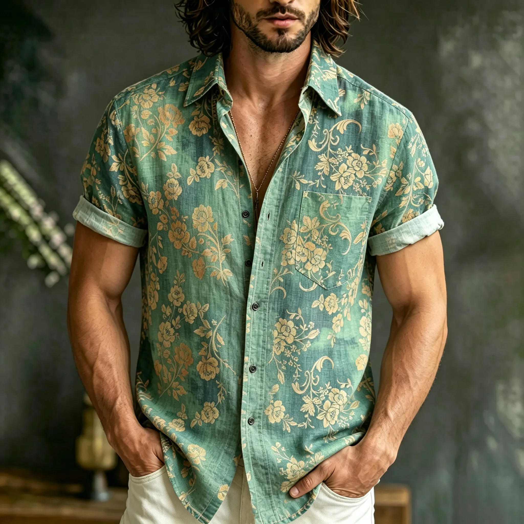 Men's Retro Floral Pattern Short-sleeve Button-down Shirt  artssus