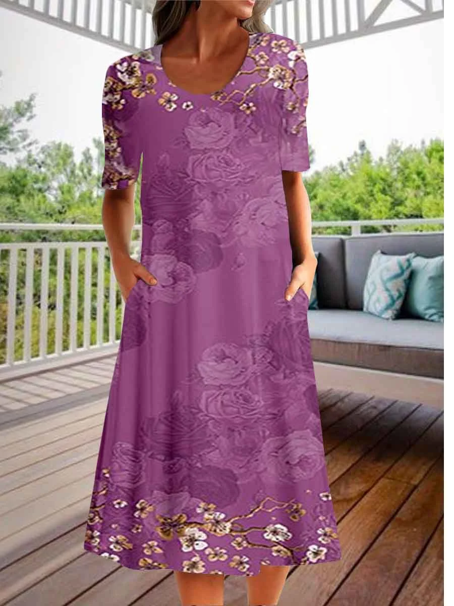 Women Half Sleeve V-neck Solid Color Dress