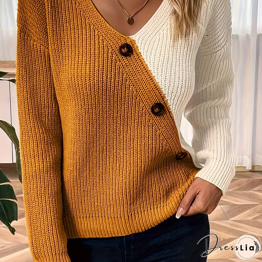 Color Block V Neck Pullover Sweater, Casual Button Long Sleeve Drop Shoulder Sweater, Women's Clothing