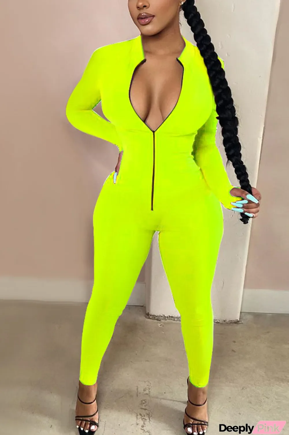 Green Fashion Casual Solid zipper Milk. Long Sleeve O Neck Jumpsuits