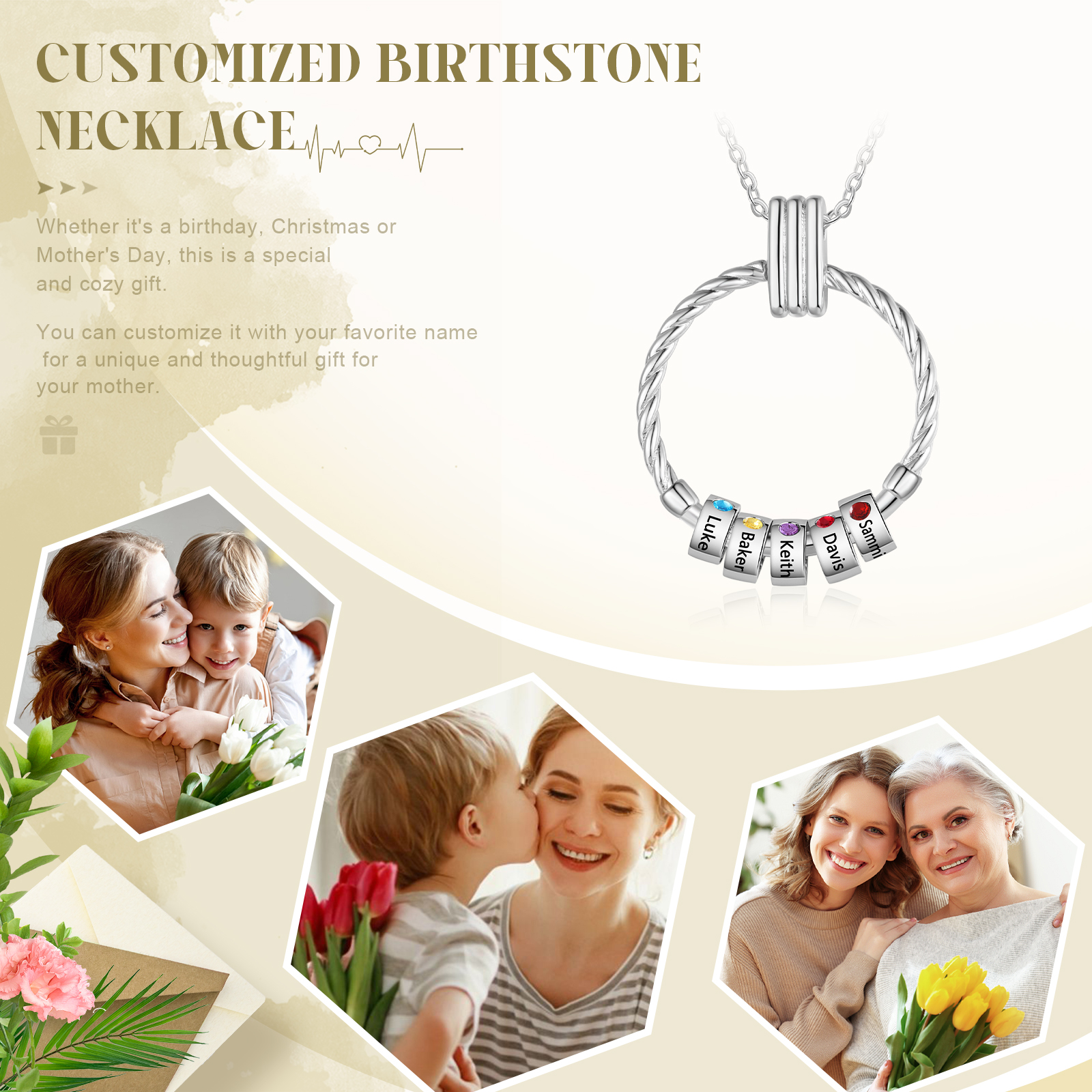 5 Names - Personalised Circle Pendant Necklace Custom Birthstones & Names Necklace Birthday Gift for Her-Jessemade AU