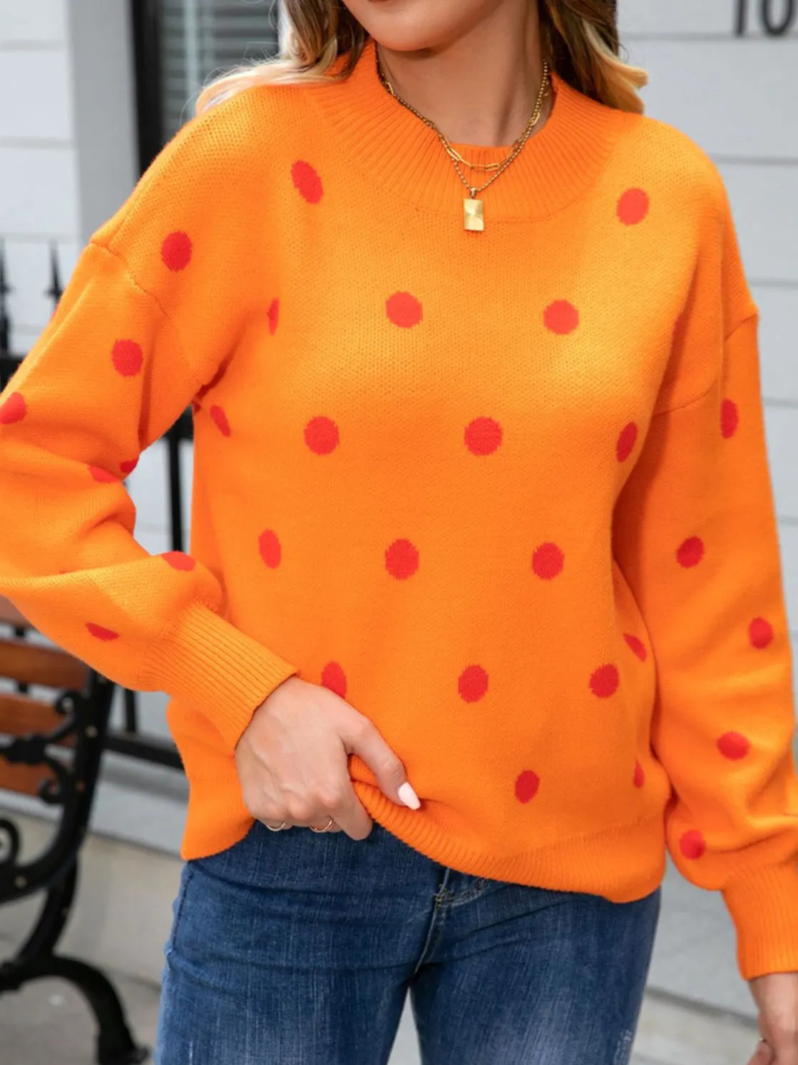 Women's Polka Dot Stitching Solid Color Long Sleeve Scoop Neck Top