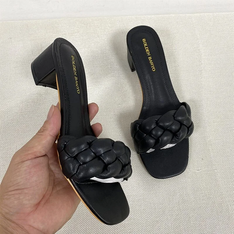 Qengg New Summer Square Heel Women Slides Weave Solid Woman Fashion Outdoor Modern Slippers Outdoor Party Ladies Heel Shoes