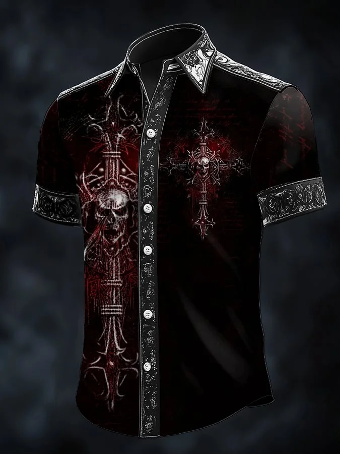 Men's Casual Fashion Dark Pattern Cross Skull Contrast Satin Shirt 