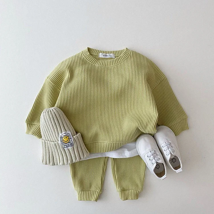 Baby Boy/Girl Waffle Pullover Solid Long Sleeve T-shirt and Elasticized Pants Set