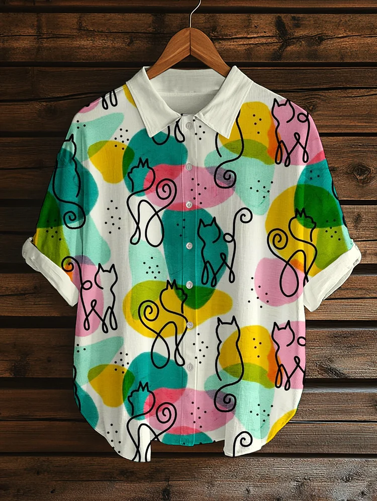 Women's Multicolor Modern Art Lines Cat Print Short Sleeve Shirt