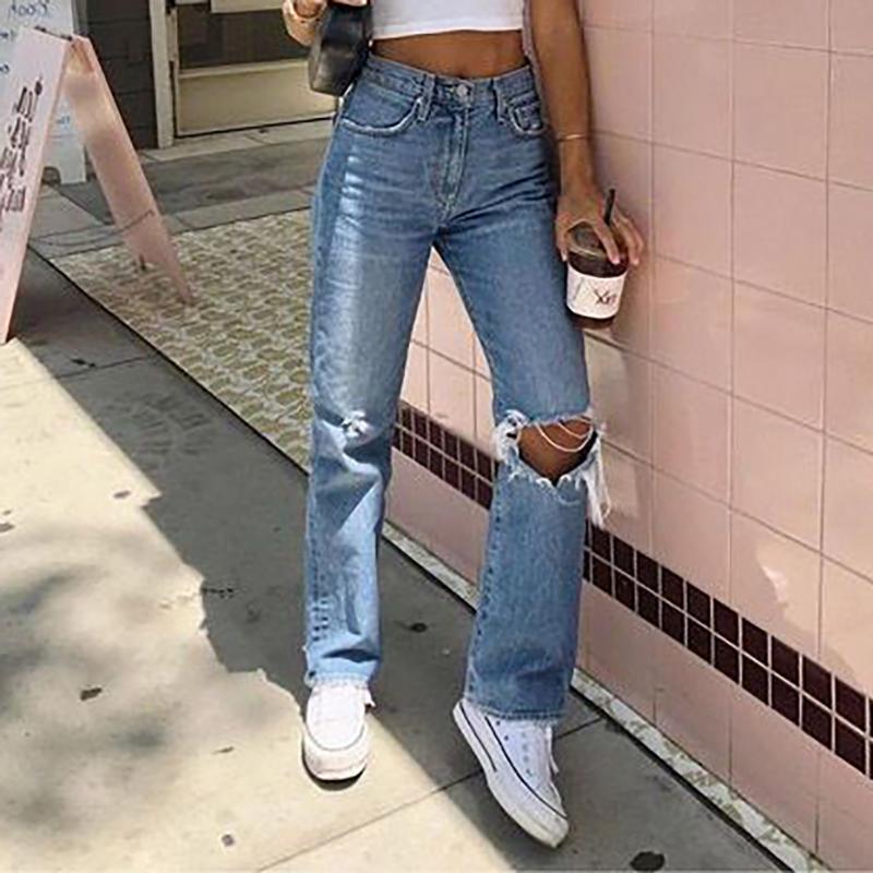 High-Waisted Ripped Light Wash Slim Straight Jeans