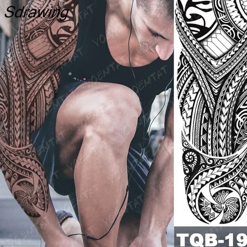 Sdrawing Arm Sleeve Tattoo Tiger Lion Wolf Owl Waterproof Temporary Tatto Sticker Crown Warrior Body Art Full Fake Tatoo Men Women