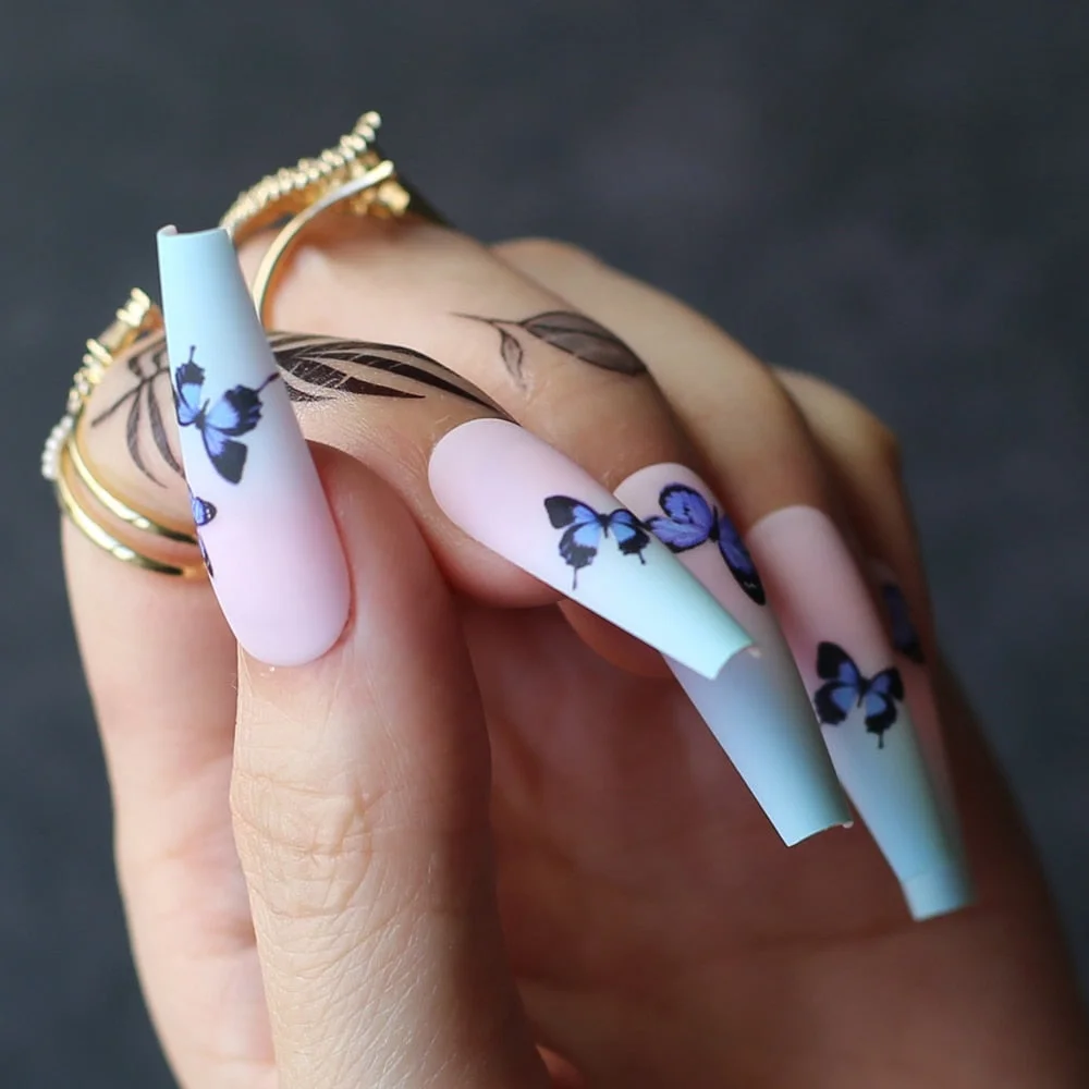 Extra coffin Fake nails ballet False nail Matte Ombre Baby blue Butterfly printing pink Cute, super long and high quality-Nail Inspo