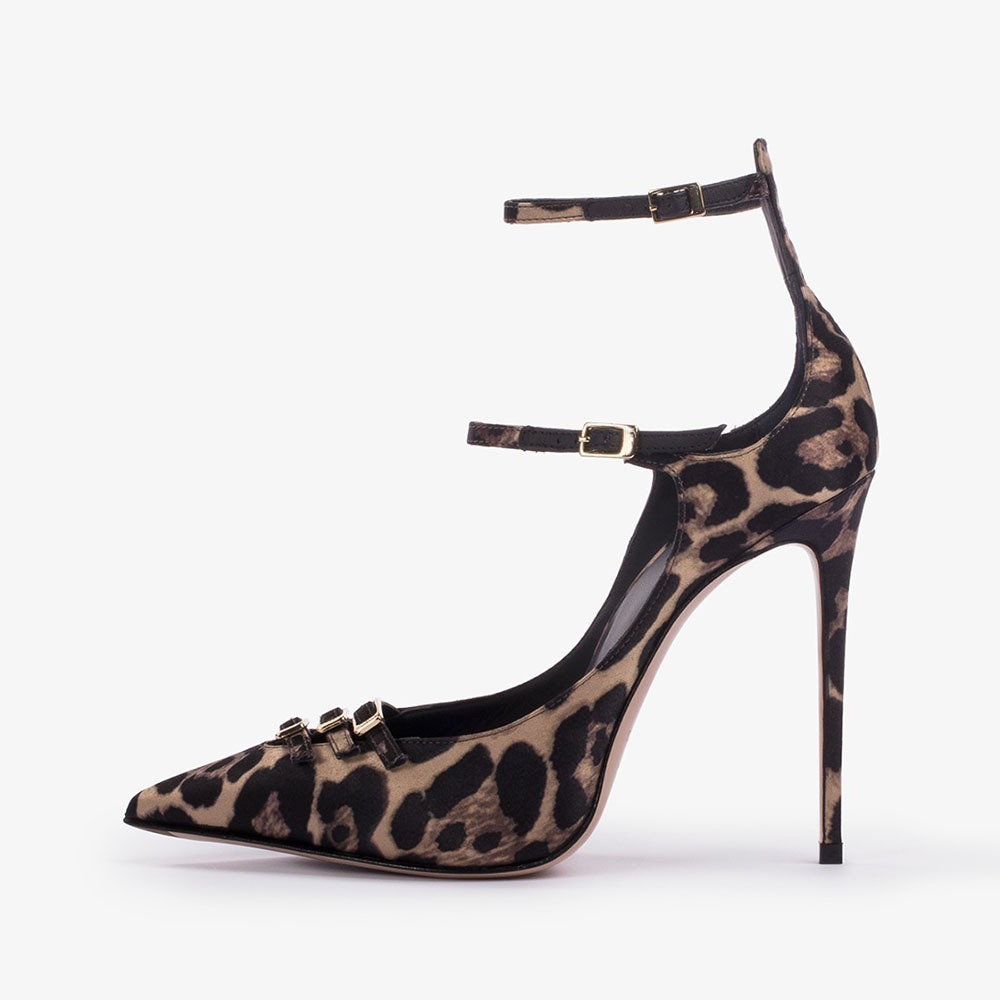 Black & Brown Leopard Print Pointed Toe Stiletto Heel Strappy Pumps Nicepairs