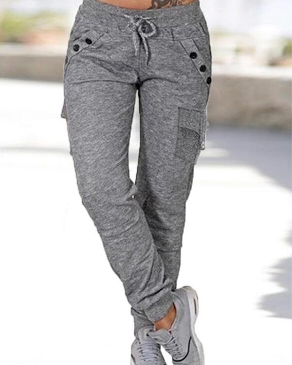 Pockets Shirred Plus Size Long Casual Sporty Plain Pants - Chicaggo