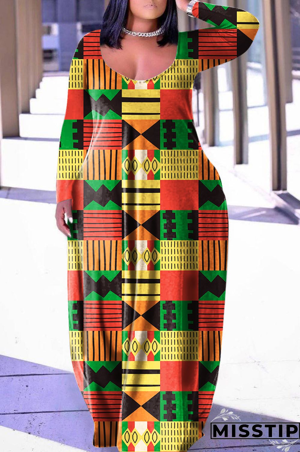 Grey Casual Print Basic V Neck Long Sleeve Dresses